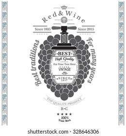 Grapes bunch with barrel for text in the center and vintage press up. Wine label on white