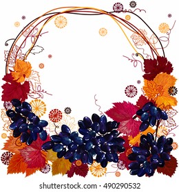 Grapes. Bunch of grapes. Frame and a wreath of vine and grapes. vector illustration. Background. design elements. 