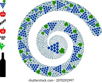 Mosaico del ciclo de espiral del grupo de uvas. Los iconos de racimo de uvas se forman en la ilustración de vector twirl. Espiral de elementos creada a partir de uvas colocadas aleatoriamente. Se añaden algunos iconos adicionales.