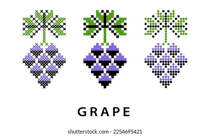 Grapes bunch isolated vector icon, sign, logo. Illustration of grapes bunch for wine label or juice. Pixel art, vyshyvanka, cross stitch, dots.