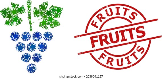 Las uvas se caracterizan por un patrón estelar y por un sello de frutas. Sello rojo con estilo corroído y palabra Fruits dentro del círculo. El concepto de racimo de uvas abstractas está diseñado con elementos de estrella plana al azar.