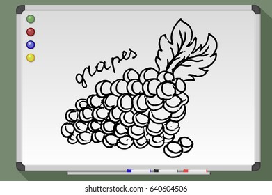 Grapes cartoon. Hand drawn vector stock illustration. Black and white whiteboard drawing