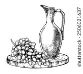 Grapes and a ceramic wine jug on a tray. Vector graphics, black and white hand-drawn illustration. Isolate on a white background. Packaging and label design element For banner, flyer and postcard.