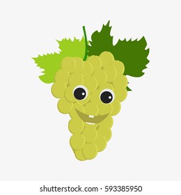 Grapes character. Funny doodle cartoon fruit. Isolated on white background. Flat vector stock illustration