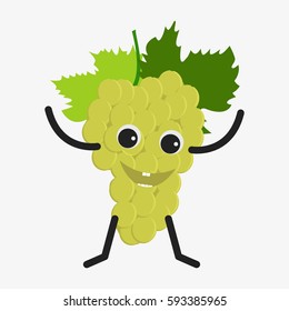Grapes character. Funny doodle cartoon fruit. Isolated on white background. Flat vector stock illustration