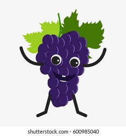Grapes character. Funny doodle cartoon vegetable. Isolated on white background. Flat vector stock illustration