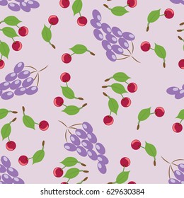 Grapes and cherries. Harvest. Seamless pattern on lilac background. Design for textiles, tapestries, packaging, bags, purse, baby products.