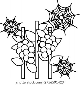 Grapes cluster on vines with spiderwebs nearby. Spiders rest in delicate, intricate webs. Simple black outlines make this ideal for coloring. Perfect for Halloween or nature-themed projects