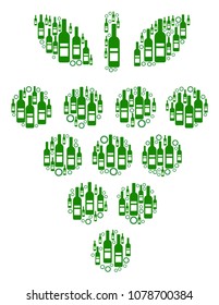 Grapes collage of wine bottles and circle particles in different sizes and green colors. Vector objects are combined into grapes composition. Bar vector illustration.