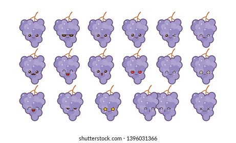 Grapes cute kawaii mascot. Set kawaii food faces expressions smile emoticons. 