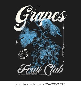 Grapes doted Line vector drawn sketch t shirt print design for fashion, College typography grapes slogan text print artwork, Organic fruit illustration of grapes, Typography posters design, t-shirt