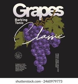 Grapes doted vector drawn sketch illustration, vector vintage engraving illustration of grapes on the branch in retro style, typography grapes slogan text fashion print artwork