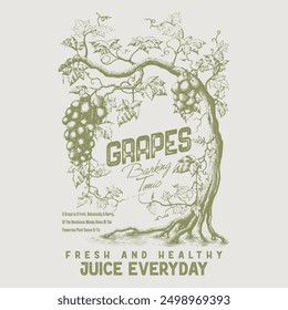 Grapes doted vector drawn sketch illustration, vector vintage engraving illustration of grapes on the branch in retro style, typography grapes slogan text fashion print artwork