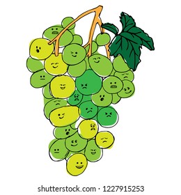 Grapes with faces emotions hand drawn background illustration.