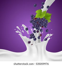 Grapes falling into the milky splash. Vector illustration