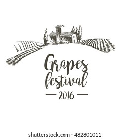 Grapes festival. Lodge with vineyards. Illustration for design.