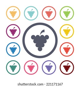 grapes flat icons set. Open round colorful buttons. Vector 