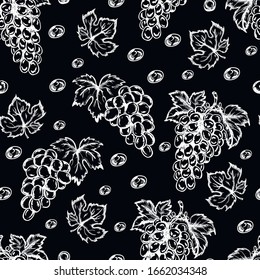 Grapes food, chalk vector seamless pattern on black background. Concept for menu, cards , wallpaper, wrapping paper 