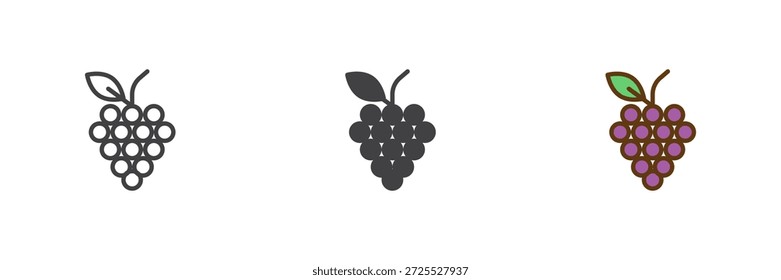 Conjunto de iconos de estilo diferente de racimo de frutas de uvas. Icono colorido de línea, contorno sólido y relleno, signo y símbolo de Vector. Icono de uvas para el supermercado, la elaboración de vino y el icono de alimentos frescos.