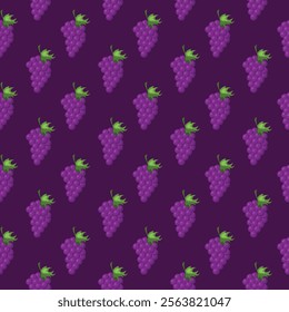 Grapes fruit flat seamless pattern on dark purple background. Wrapping paper, gift card, poster, banner design. Home decor, modern textile print. Summer bright geometric fruits patterned.