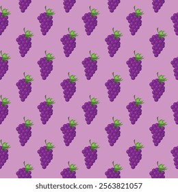 Grapes fruit flat seamless pattern on purple background. Wrapping paper, gift card, poster, banner design. Home decor, modern textile print. Summer bright geometric fruits patterned.