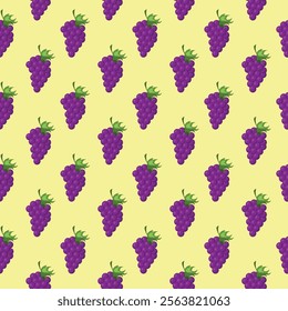 Grapes fruit flat seamless pattern on yellow background. Wrapping paper, gift card, poster, banner design. Home decor, modern textile print. Summer bright geometric fruits patterned.