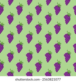 Grapes fruit flat seamless pattern on green background. Wrapping paper, gift card, poster, banner design. Home decor, modern textile print. Summer bright geometric fruits patterned.