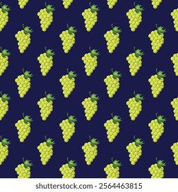 Grapes fruit flat seamless pattern on blue background. Wrapping paper, gift card, poster, banner design. Home decor, modern textile print. Summer bright geometric fruits patterned.