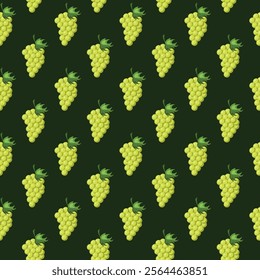 Grapes fruit flat seamless pattern on green background. Wrapping paper, gift card, poster, banner design. Home decor, modern textile print. Summer bright geometric fruits patterned.