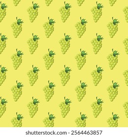 Grapes fruit flat seamless pattern on green background. Wrapping paper, gift card, poster, banner design. Home decor, modern textile print. Summer bright geometric fruits patterned.