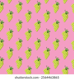 Grapes fruit flat seamless pattern on pink background. Wrapping paper, gift card, poster, banner design. Home decor, modern textile print. Summer bright geometric fruits patterned.