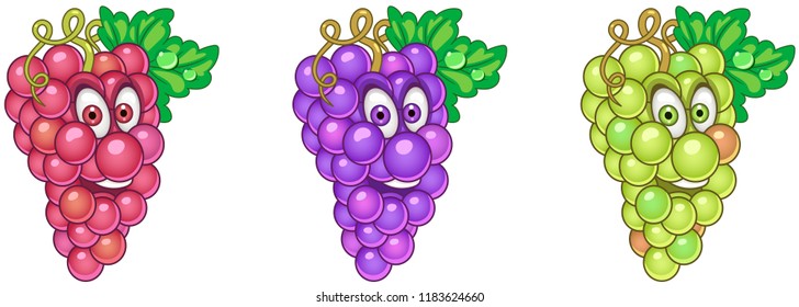 Grapes. Fruit Food concept. Emoji Emoticon collection. Cartoon characters for kids coloring book, colouring pages, t-shirt print, icon, logo, label, patch, sticker.