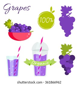 Grapes Fruit And Juice Cup To Go Vector Set. Fruit With Leaf In Bowl. Juice Or Jam Branding Set. Grapes Silhouette For Package.