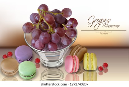 Grapes Fruit And Macaroons Vector Realistic. 3d Detailed Card Menu Template. Delicious Desserts Posters. Hyper Realism Design