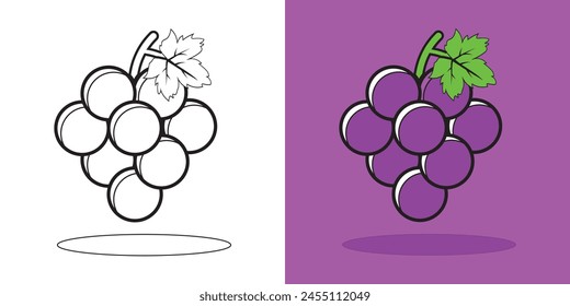 Grapes from Fruits, children's coloring book. Coloring book with cute cartoon fruit pictures. Vector illustration with colored background.