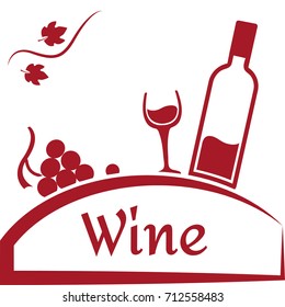 Grapes, glass and bottle of wine. Wine logo design. Red brand for wine company or winery. Vector illustration.