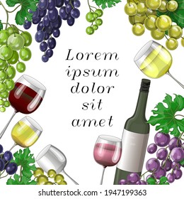 Grapes, glasses wine design template. Hand drawn vector illustration of grapes berries, wine bottle and wine glasses. Banner in cartoon style. Stock vector illustration.