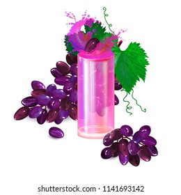 Grapes. Grape juice. Glass transparent glass on white background with juice.