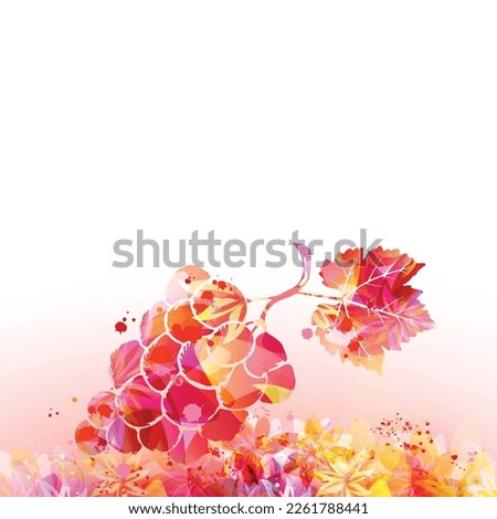 Grapes, grapevine leaf and floral background in pink color. Vector illustration. Wine making, vino fairs design