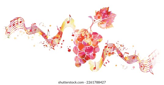 Grapes, grapevine and musical notes staff in pink color, isolated vector illustration background. Wine making, vino fairs design