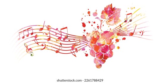 Grapes, grapevine and musical notes staff in pink color, isolated vector illustration background. Wine making, vino fairs design