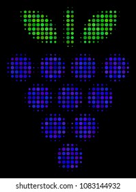 Grapes halftone vector icon. Illustration style is dotted iconic grapes symbol on a black background. Halftone matrix is build from circle cells.