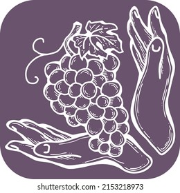 Grapes harvest in farmers hands. Etiquette logo design for wine bottle. Autumn rural vino festival. Winery production. Organic healthy food. Hand drawn vintage vector illustration. Old style drawing. 