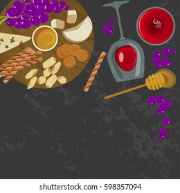 Grapes, Honey, Cheese With Glass Of Wine On The Grey Background. Top View Vector Illustration Eps 10