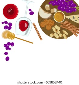 Grapes, Honey, Cheese With Glass Of Wine On The White Background. Top View Vector Illustration Eps 10
