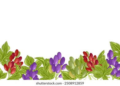 Grapes horizontal vector frame. Hand drawn illustration of bunch of purple, red, green grapes with leaves. Border template for restaurants, menu, wine list. White background. Clipping mask.