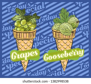 Grapes ice cream. Gooseberry ice cream. Vector illustration of fruit ice cream cone, Hand-drawn design