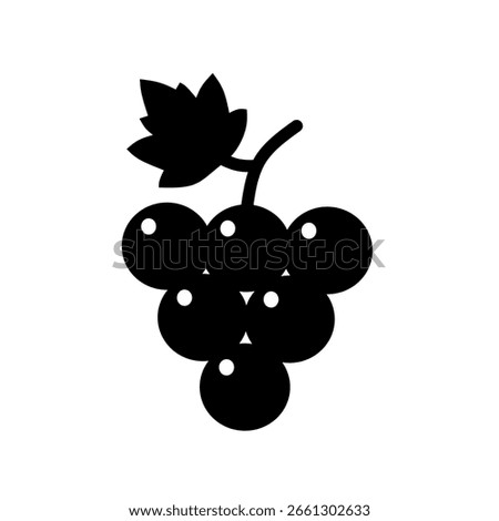 Grapes icon in black silhouette with cluster and leaf. Flat fruit vector for wine, farming, or healthy food design