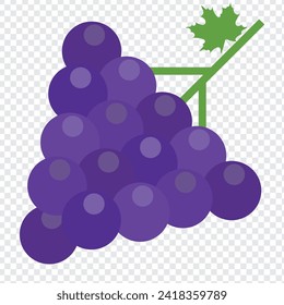 Grapes icon. Bunch of purple grapes with stem and leaf. Vector illustration isolated on white background.