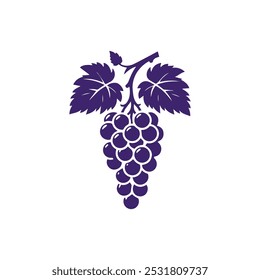 Grapes icon. Bunch of purple grapes with stem and leaf. Vector illustration isolated on white background